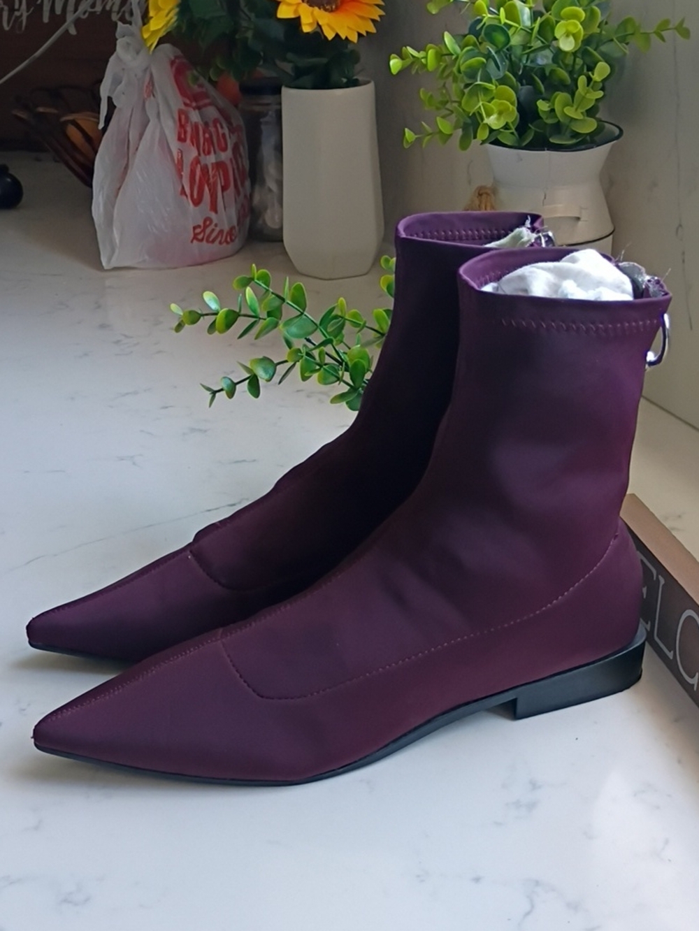 Zara Trafaluc Women's Pointed Toe Stretch Ankle Boots - Plum